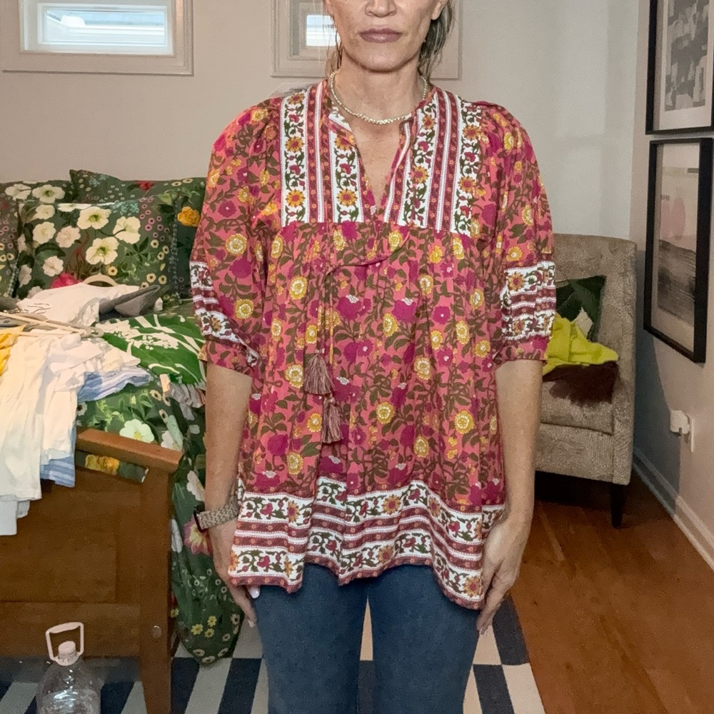 Mille Thalia Floral Bohemian Blouse in Red and Pink